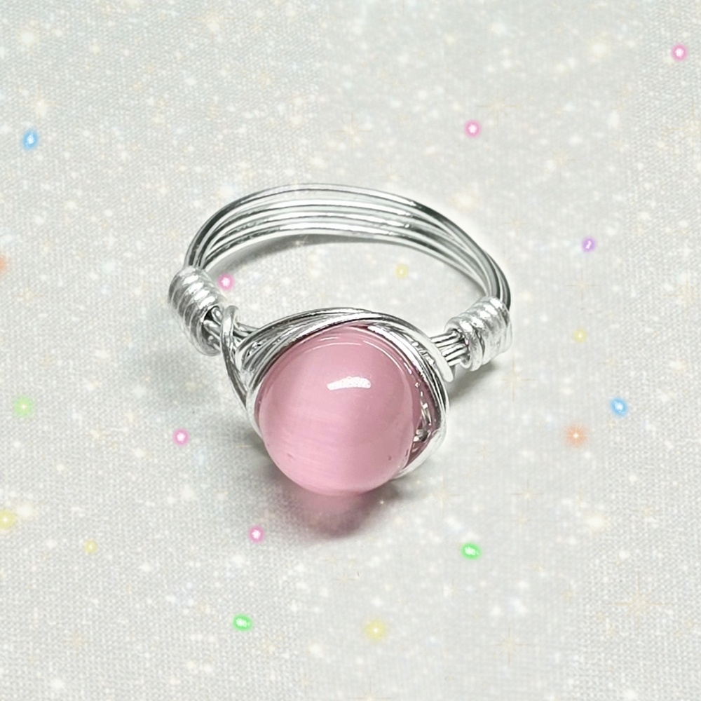 Pink Cat's Eye Wired Wrapped Ring Size 7 Handmade